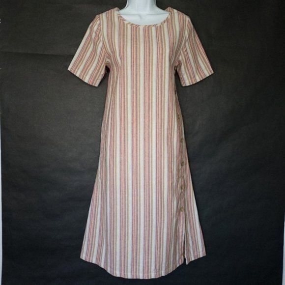 Roolee Striped Cotton Linine Button Side Hipster Woven Midi Dress w/ Pockets - Picture 9 of 16
